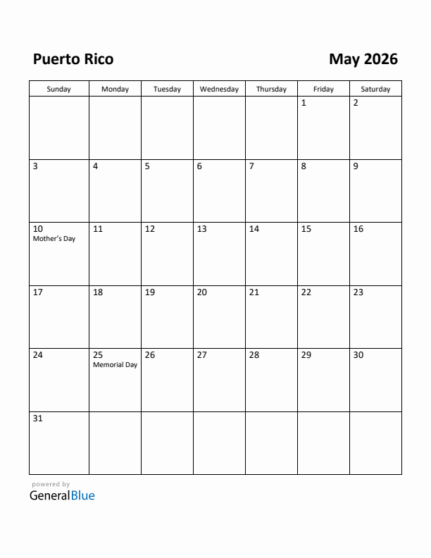 May 2026 Calendar with Puerto Rico Holidays
