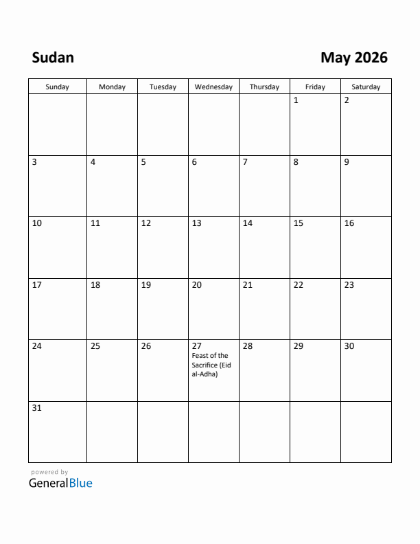 May 2026 Calendar with Sudan Holidays