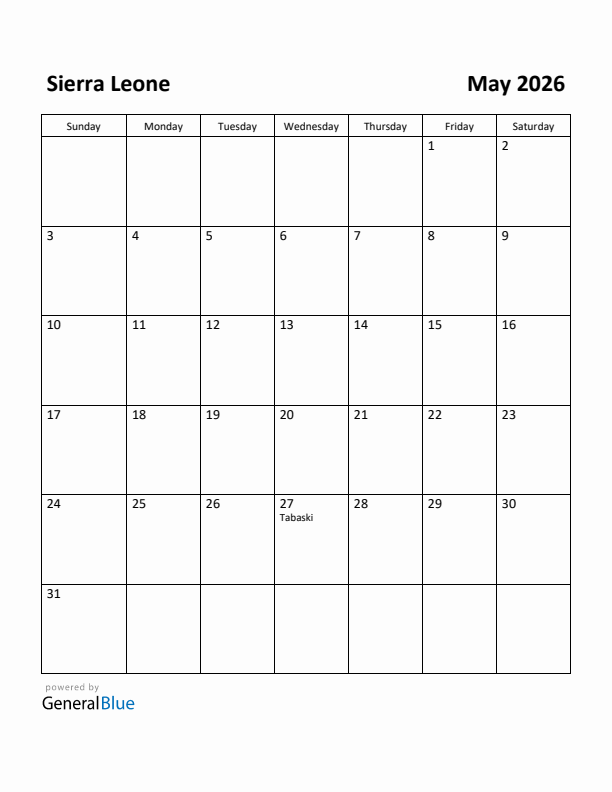 May 2026 Calendar with Sierra Leone Holidays