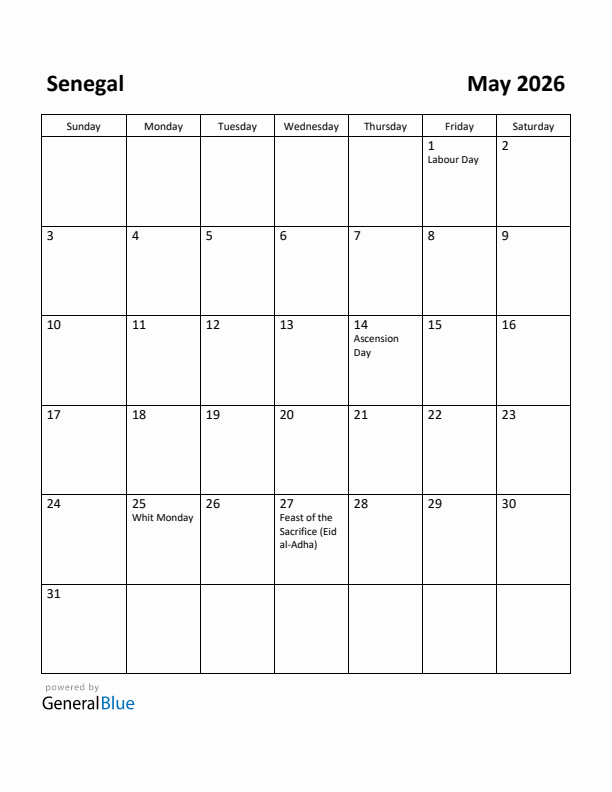 May 2026 Calendar with Senegal Holidays