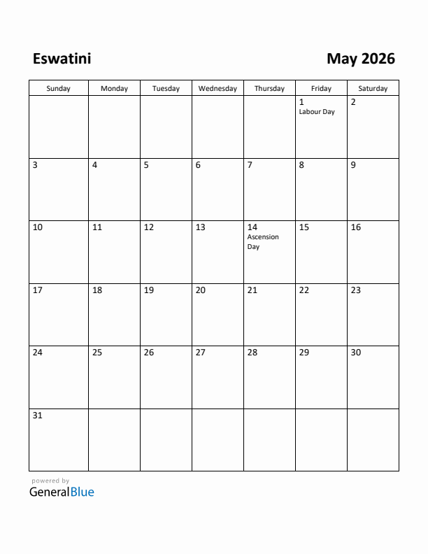May 2026 Calendar with Eswatini Holidays