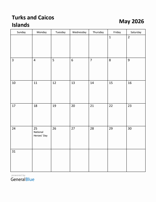 May 2026 Calendar with Turks and Caicos Islands Holidays