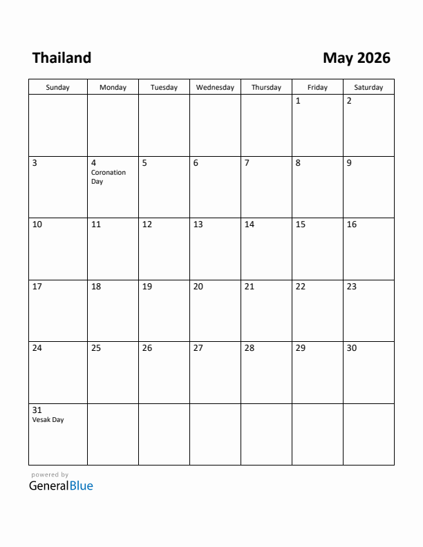 May 2026 Calendar with Thailand Holidays