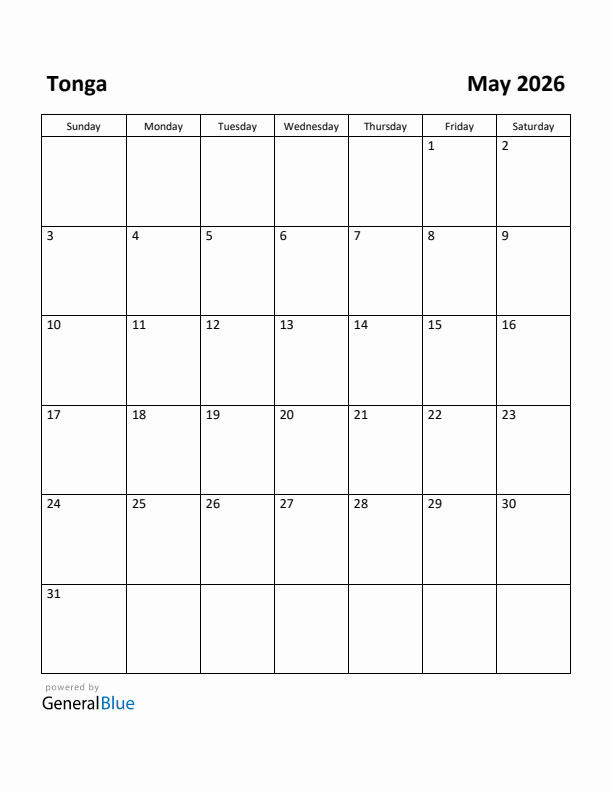 May 2026 Calendar with Tonga Holidays