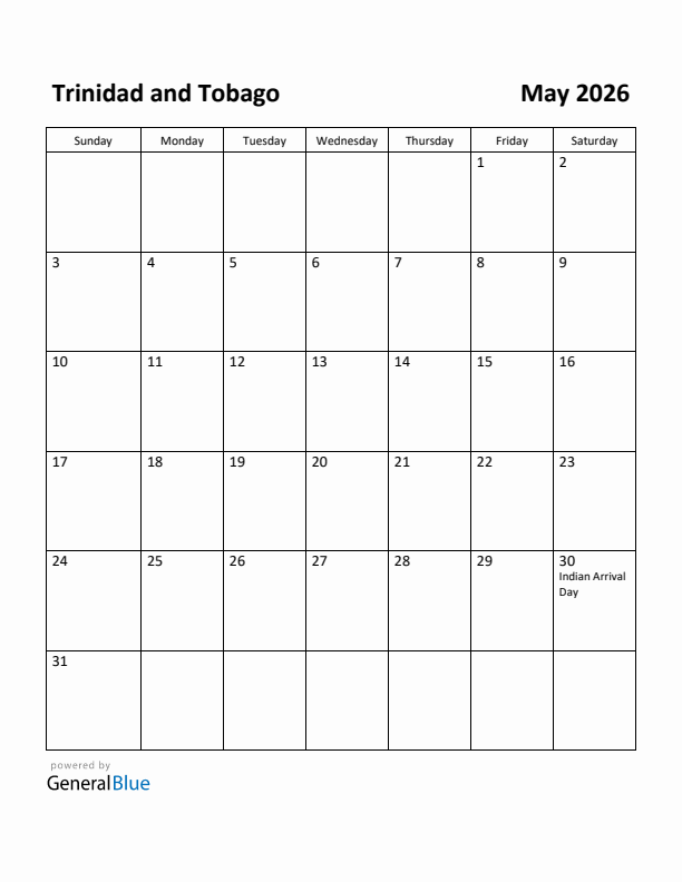 May 2026 Calendar with Trinidad and Tobago Holidays