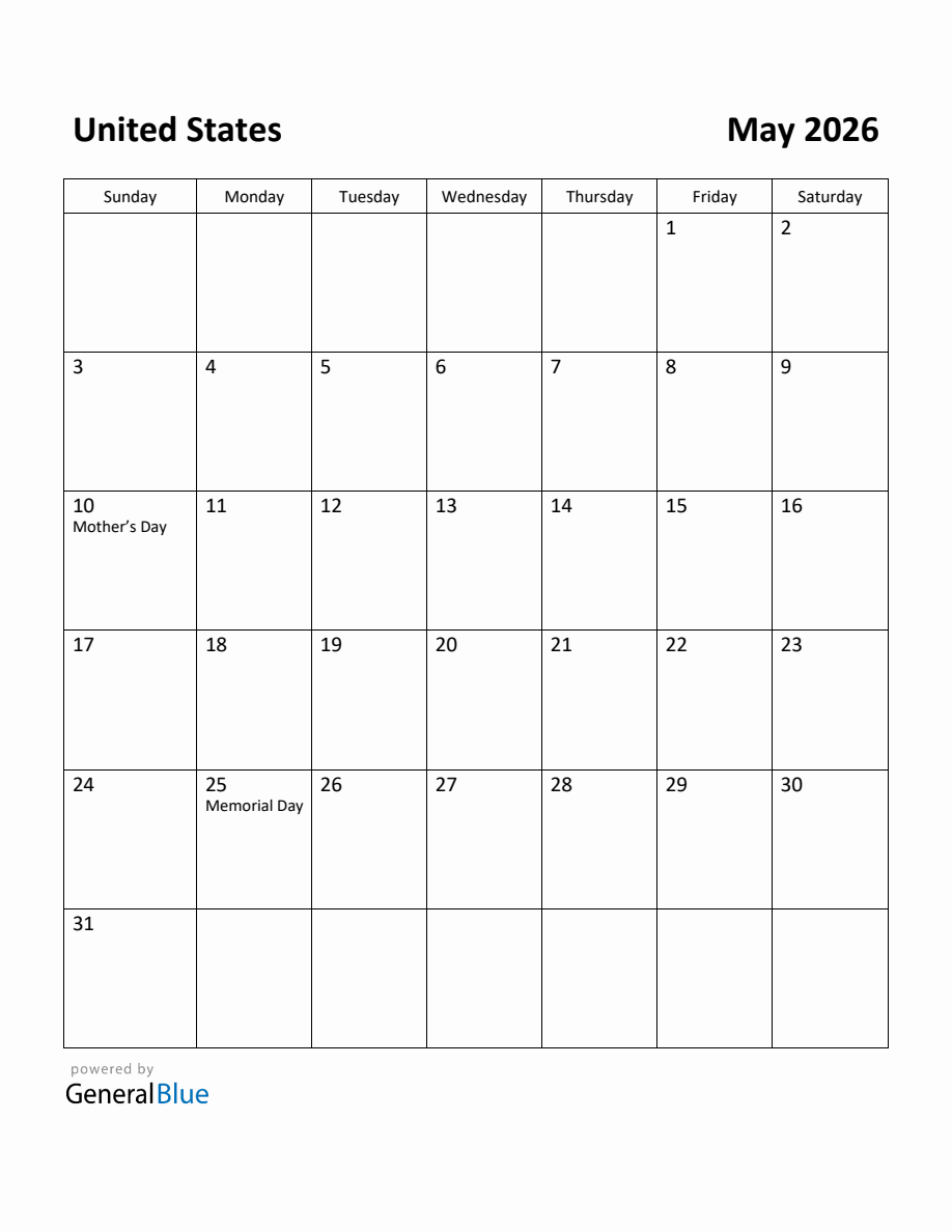 Free Printable May 2026 Calendar for United States Free Printable May 2026 Calendar for United States