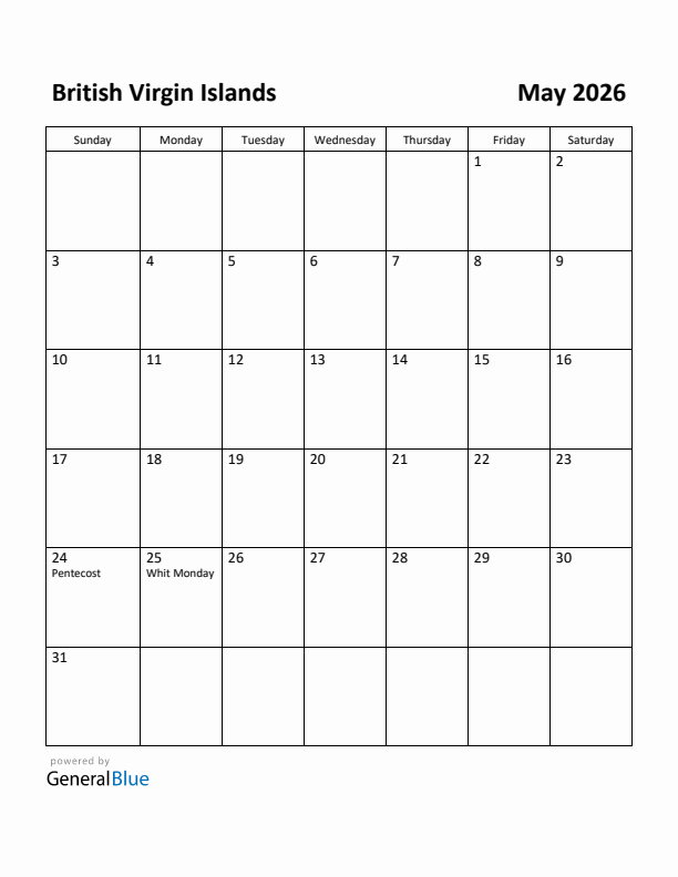 May 2026 Calendar with British Virgin Islands Holidays