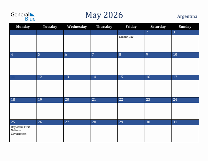 May 2026 Argentina Calendar (Monday Start)