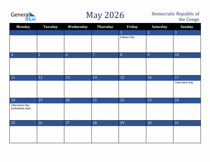 May 2026 Democratic Republic of the Congo Calendar (Monday Start)