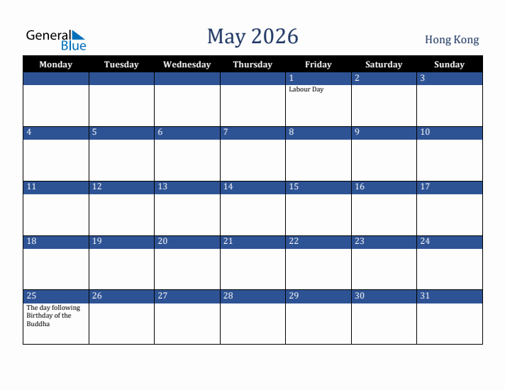 May 2026 Hong Kong Calendar (Monday Start)