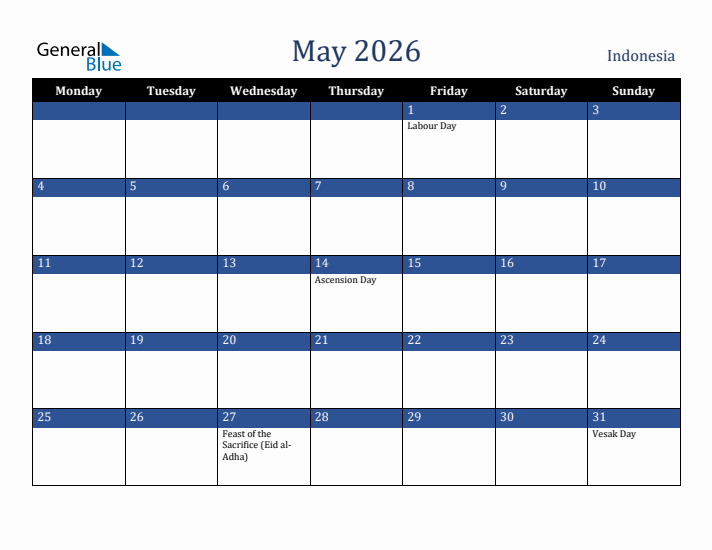 May 2026 Indonesia Calendar (Monday Start)