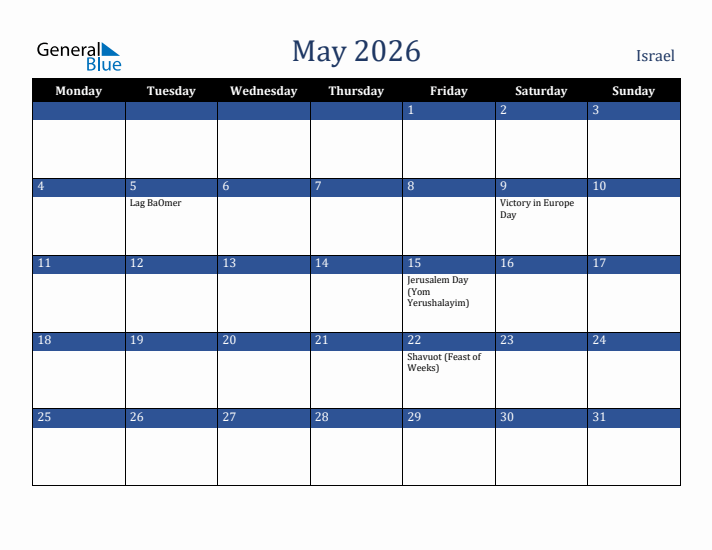 May 2026 Israel Calendar (Monday Start)