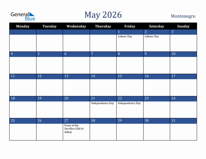 May 2026 Montenegro Calendar (Monday Start)