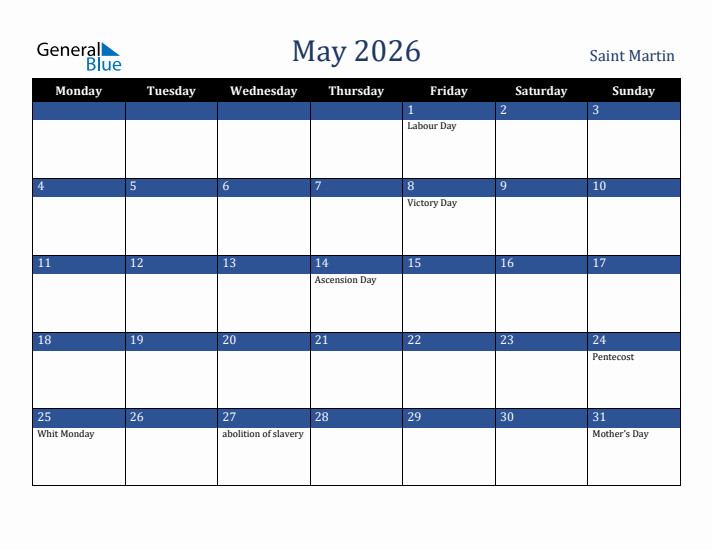 May 2026 Saint Martin Calendar (Monday Start)