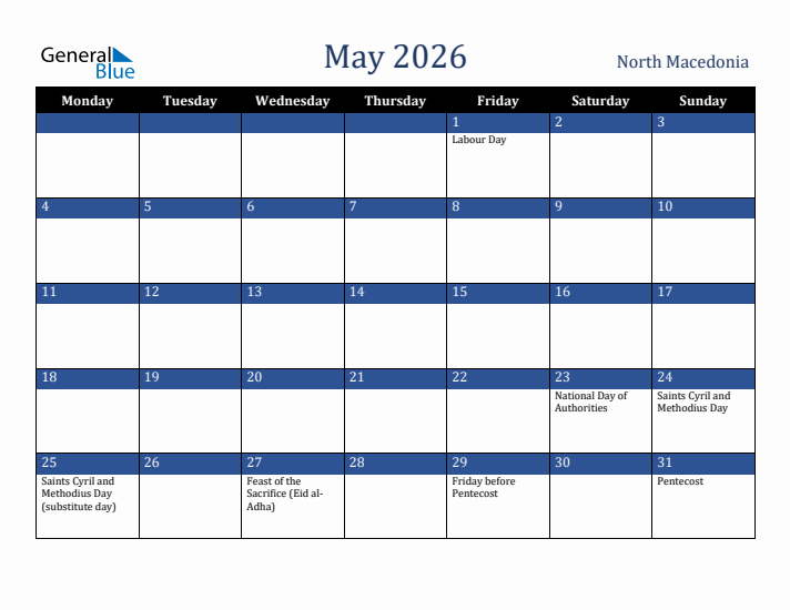 May 2026 North Macedonia Calendar (Monday Start)