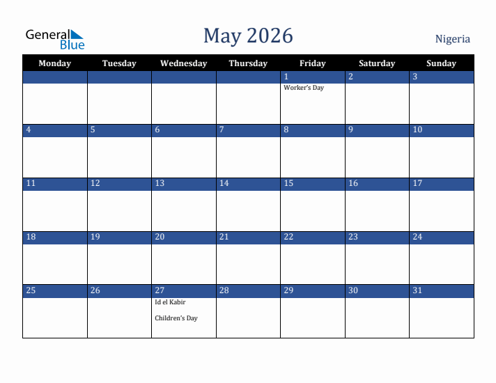 May 2026 Nigeria Calendar (Monday Start)