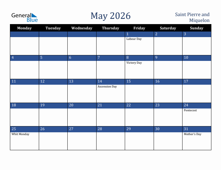 May 2026 Saint Pierre and Miquelon Calendar (Monday Start)