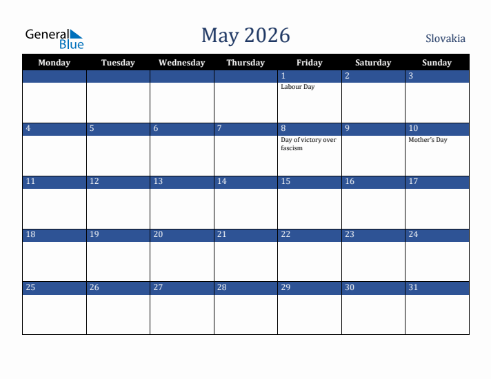 May 2026 Slovakia Calendar (Monday Start)