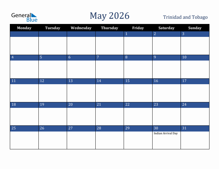 May 2026 Trinidad and Tobago Calendar (Monday Start)