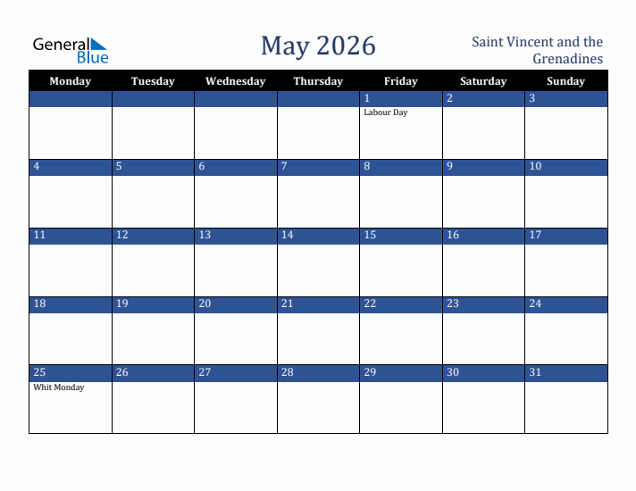 May 2026 Saint Vincent and the Grenadines Calendar (Monday Start)