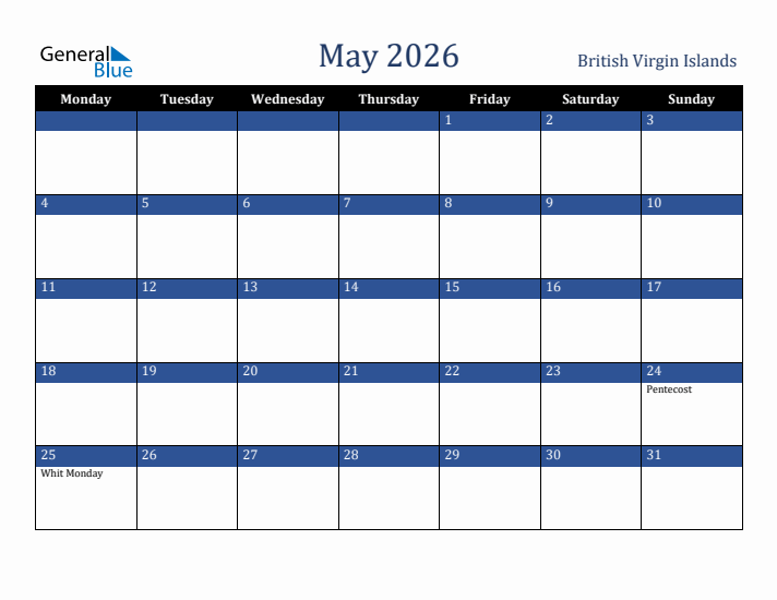 May 2026 British Virgin Islands Calendar (Monday Start)