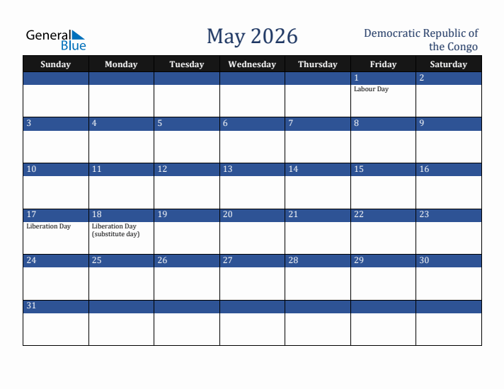 May 2026 Democratic Republic of the Congo Calendar (Sunday Start)