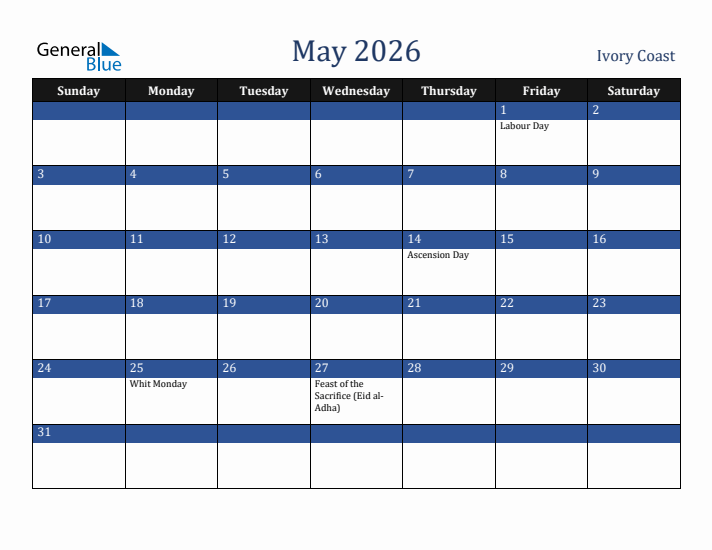 May 2026 Ivory Coast Calendar (Sunday Start)