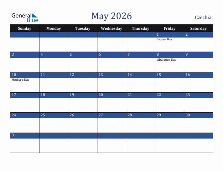 May 2026 Czechia Calendar (Sunday Start)