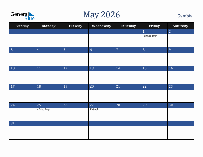 May 2026 Gambia Calendar (Sunday Start)