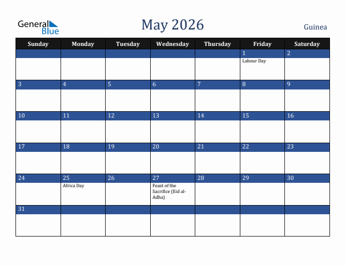 May 2026 Guinea Calendar (Sunday Start)