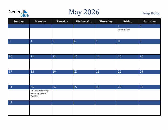 May 2026 Hong Kong Calendar (Sunday Start)