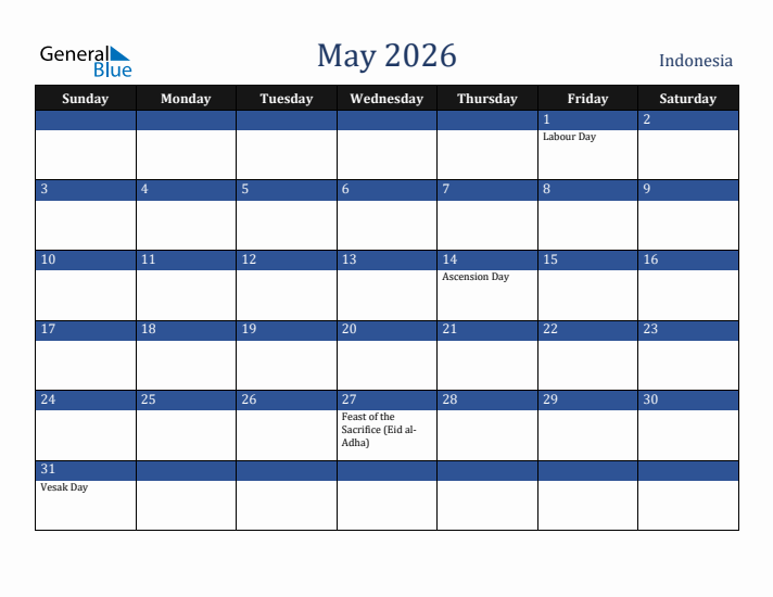 May 2026 Indonesia Calendar (Sunday Start)