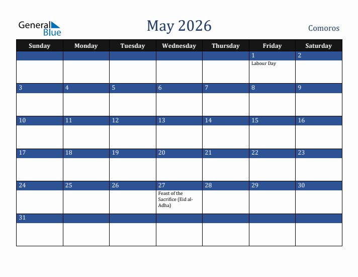 May 2026 Comoros Calendar (Sunday Start)
