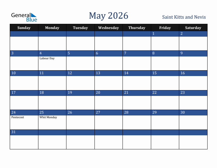 May 2026 Saint Kitts and Nevis Calendar (Sunday Start)