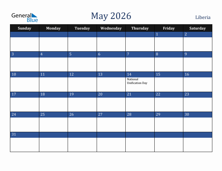 May 2026 Liberia Calendar (Sunday Start)