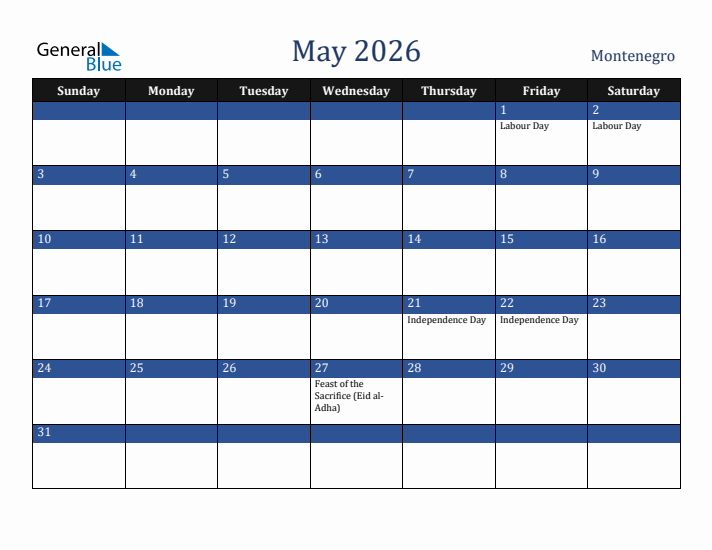 May 2026 Montenegro Calendar (Sunday Start)