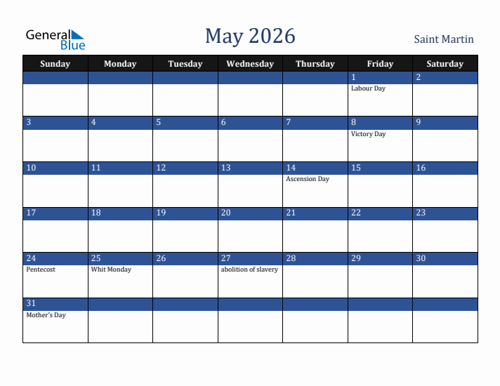 May 2026 Saint Martin Calendar (Sunday Start)