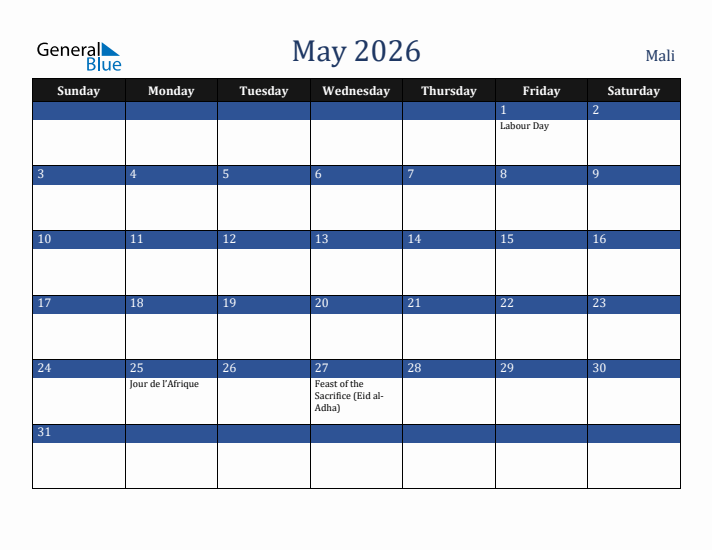May 2026 Mali Calendar (Sunday Start)