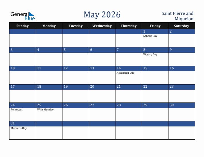 May 2026 Saint Pierre and Miquelon Calendar (Sunday Start)