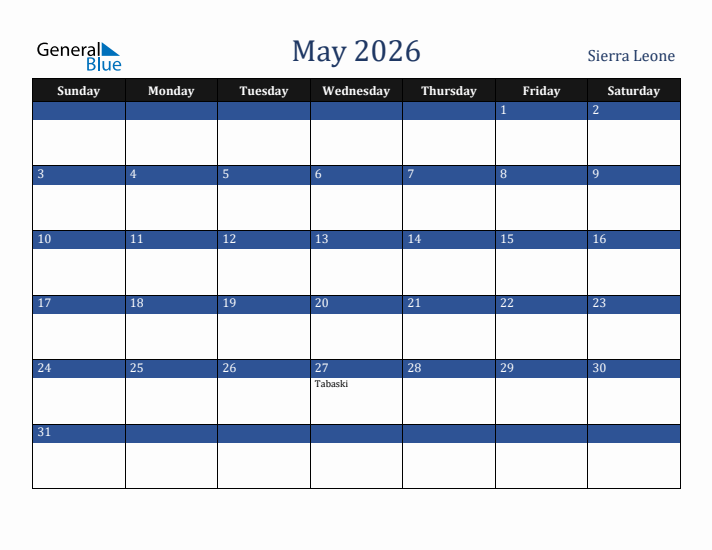 May 2026 Sierra Leone Calendar (Sunday Start)