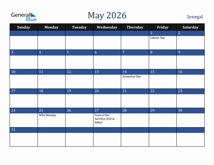 May 2026 Senegal Calendar (Sunday Start)