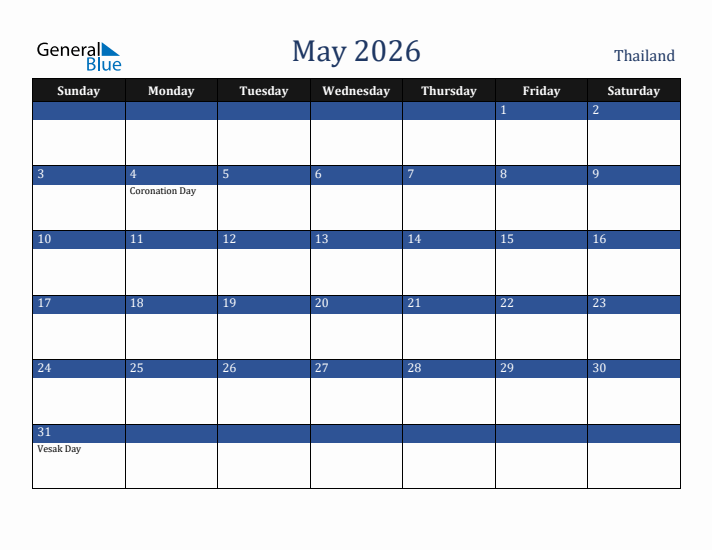 May 2026 Thailand Calendar (Sunday Start)
