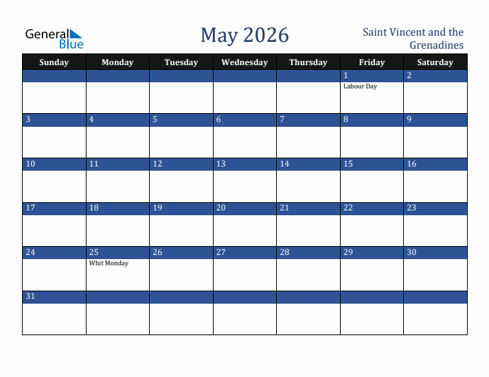 May 2026 Saint Vincent and the Grenadines Calendar (Sunday Start)