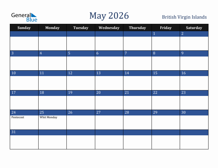 May 2026 British Virgin Islands Calendar (Sunday Start)