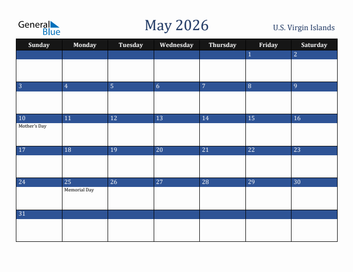 May 2026 U.S. Virgin Islands Calendar (Sunday Start)