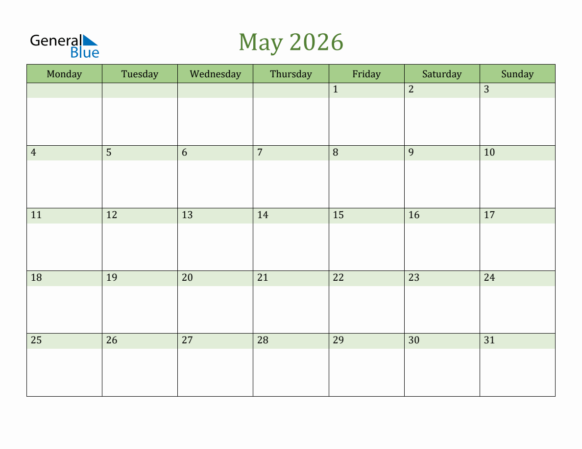 Fillable May 2026 Calendar