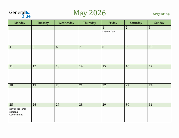 May 2026 Calendar with Argentina Holidays
