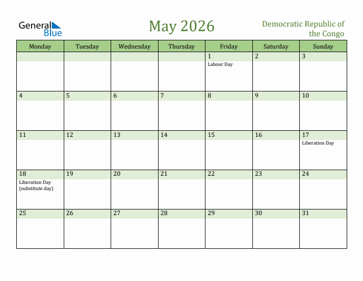 May 2026 Calendar with Democratic Republic of the Congo Holidays