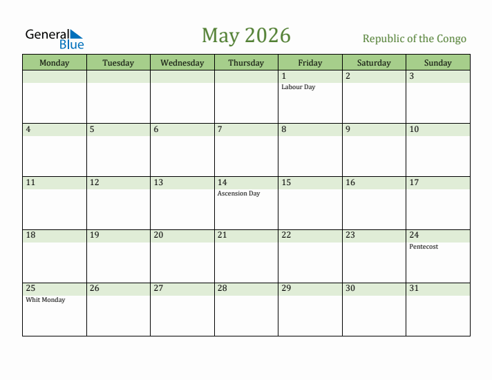 May 2026 Calendar with Republic of the Congo Holidays