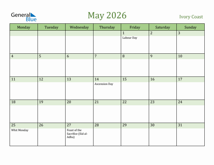 May 2026 Calendar with Ivory Coast Holidays